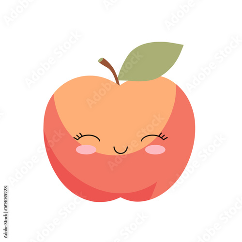 Kawaii Apple with Leaf and Blushing Smile