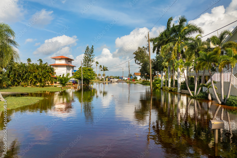 Naklejka premium Flooded residential area with underwater houses from hurricane Milton rainfall water in Punta Gorda, Florida. Aftermath of natural disaster in southern USA