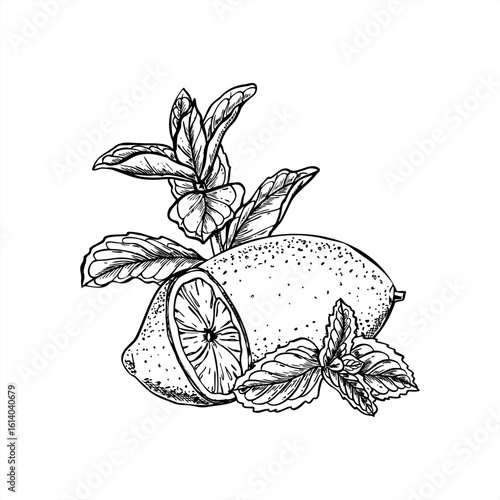 Fresh lemons and mint leaves herb vector isolated illustration painted by black inks. Monochrome whole citrus and halved fruit among aromatic greenery etching drawing for cold summer drink