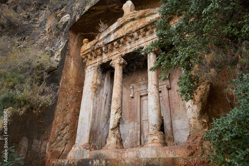 Amyntas rock tombs carved in cliff in Fethiye city, Turkey