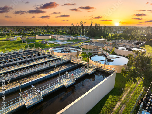 Large water treatment facility in Florida, USA. Industrial infrastructure for municipal water purification and wastewater processing