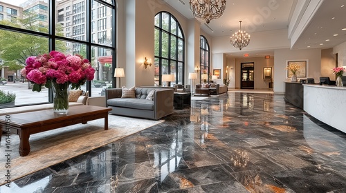 Wallpaper Mural Grand hotel lobby with large windows, plush seating, and polished marble floors Torontodigital.ca