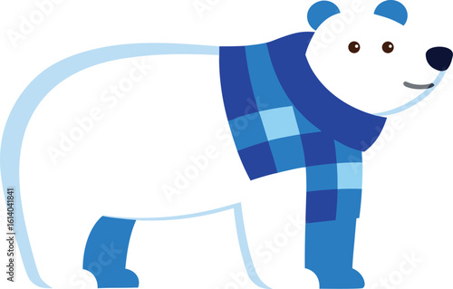Cute cartoon polar bear wearing a blue plaid scarf and matching boots