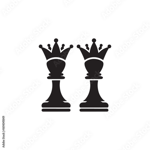 Two chess queens in black silhouette represent strategy partnership and power for business and compe.