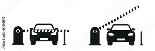 Two black car icons with parking barriers, one with gate closed and one open. Perfect for access control systems, parking lot illustrations, or entry point concept visuals.