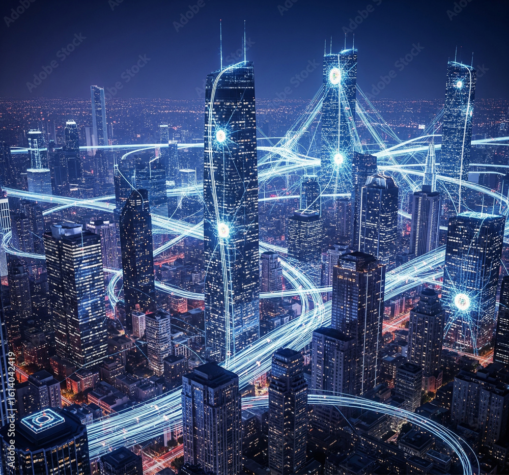 Obraz premium Smart city skyline with pulsating light networks simulating neural activity. Buildings as 'neurons' exchanging data via light highways