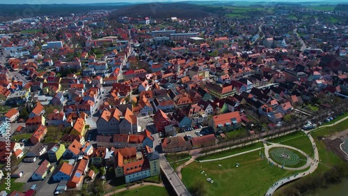 Aerial view of the city Gunzenhausen in Germany, Bavaria. on a cloudy day in spring	