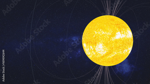 Fototapeta Naklejka Na Ścianę i Meble -  A bright yellow star Sun. Magnetic field lines or solar flares radiate outward from its surface, conveying intense energy emission. Elements of this 3D rendered illustration were furnished by NASA.