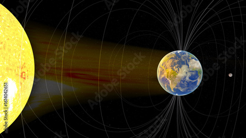 Fototapeta Naklejka Na Ścianę i Meble -  The Sun emits solar wind in yellow-red streams toward Earth, which is shown surrounded by its magnetic field lines. Elements of this 3D rendered illustration were furnished by NASA.