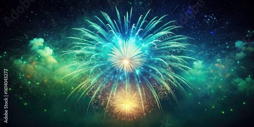 Vintage Fireworks: Blue Green Particle Explosion, Abstract Festive Background