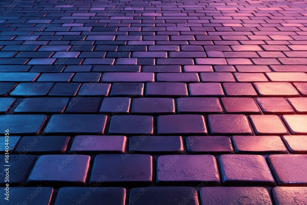 Shiny Cobblestone Pavement with Vibrant Neon Lighting Effects Shiny Cobblestone Pavement with Vibrant Neon Lighting Effects