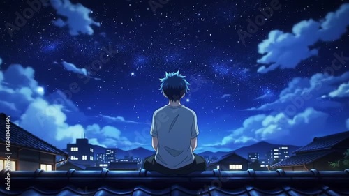 Boy sitting on rooftop gazing at the starry night sky with clouds and city lights