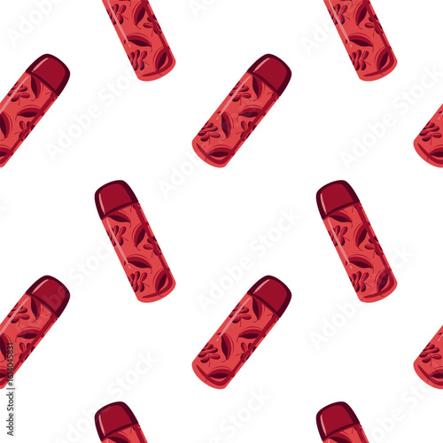 Seamless vector pattern featuring red thermos flasks decorated with stylized autumn leaves in a minimal flat style. Ideal for seasonal packaging and cozy drinkware designs.