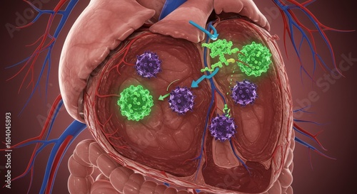 Heart anatomy with infectious agents, highlighting disease mechanisms in cardiovascular system