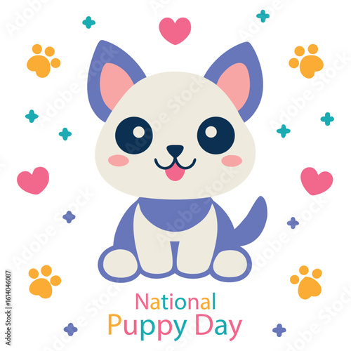 Adorable cartoon puppy with big blue eyes and purple accents surrounded by hearts and paw prints celebrating national puppy day with a cheerful expression and a wagging tail