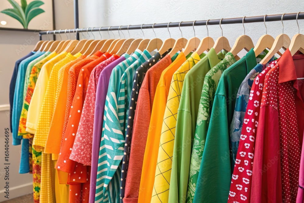 Fototapeta premium Brightly Colored Clothing Displayed on Hangers in a Stylish Boutique Setting