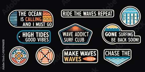 Surf and ocean themed graphic patches and stickers
