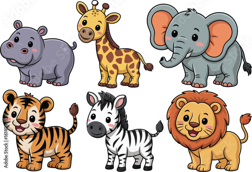 Collection of cute cartoon baby safari animals like a lion, tiger, and elephant