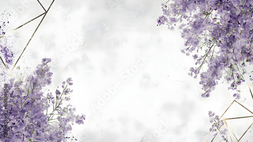 Elegant, light purple floral arrangement framed by gold geometric lines on a marbled background