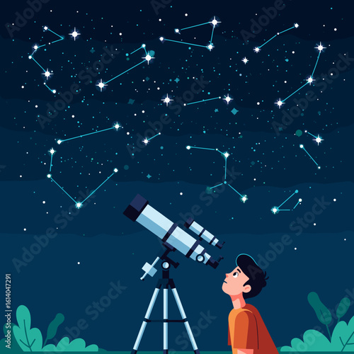 Astronomy telescope under night sky with constellations, flat teen style