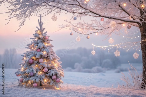 Winter Landscape With Decorated Christmas Tree Under Snowy Branches