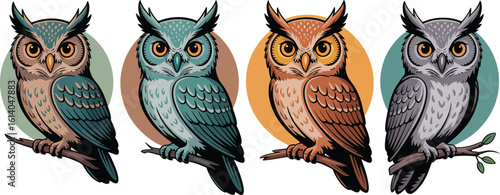 Colorful collection of stylized owl illustrations perched on a branch vector set.