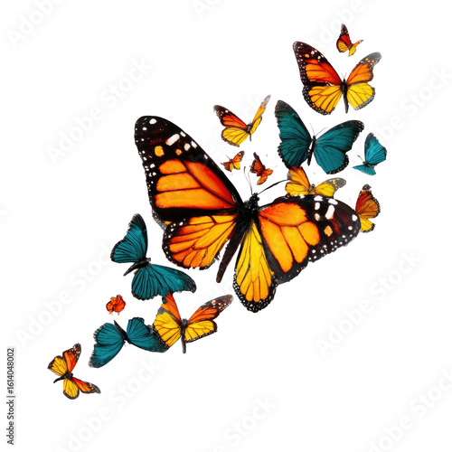A vibrant display of monarch and other butterflies in flight