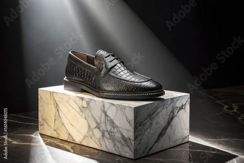 Elegant Black Leather Loafers Displayed on a Marble Pedestal in Studio Lighting