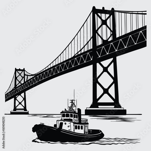 Silhouette of Tugboat Under Suspension Bridge on Wate