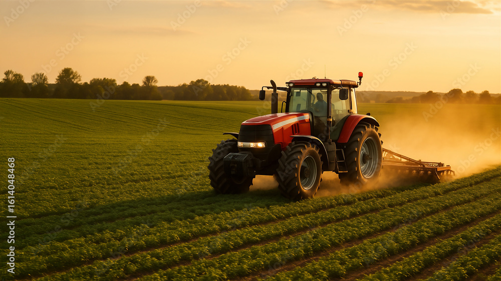 Fototapeta premium Red agricultural tractor working in a sunset vast green field, across the landscape with dust trailing behind.