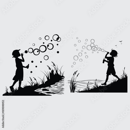Silhouette of Children Blowing Soap Bubbles Outdoors Near Water – Playful Vector Illustration