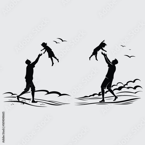 Father tossing child in air at beach image silhouette design vector art and illustration