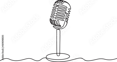 Retro microphone continuous line art, Vintage audio recording icon design
