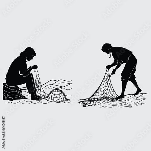 Person mending nets on shore image silhouette design vector art and illustration