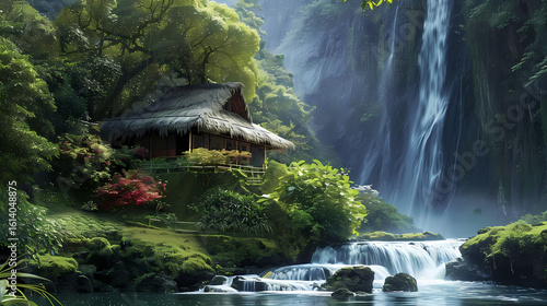 epic waterfall wallpaper, flora and fauna, small little house, hawaii, 

