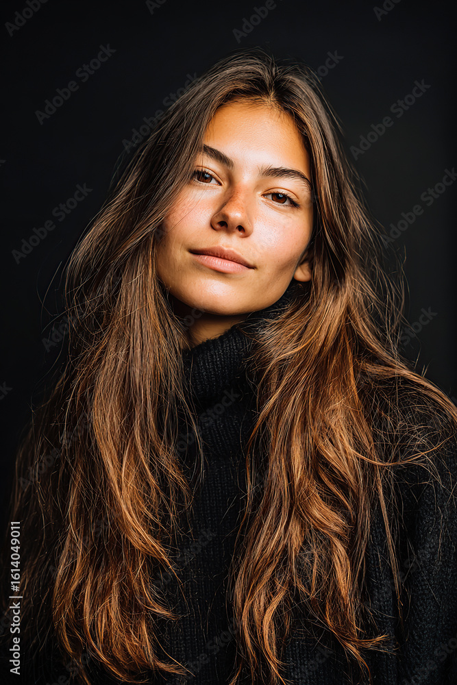 Naklejka premium Woman with natural look and minimal makeup poses confidently against dark background