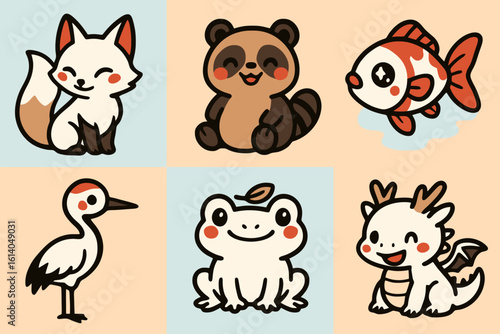 Kawaii Japanese animal icons featuring kitsune, tanuki, koi fish, and tsuru crane on pastel background. Perfect for anime-style stock and sticker designs.