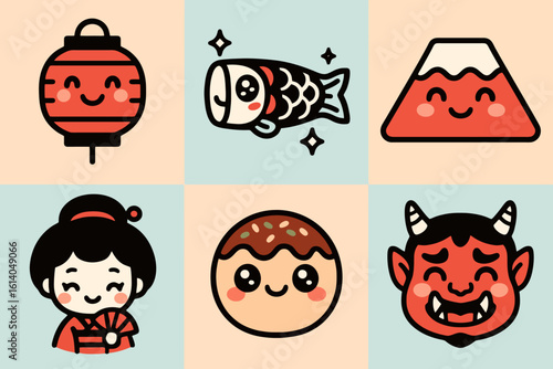 Kawaii Japanese icons featuring samurai, kitsune mask, koi fish, and tempura with pastel background. Perfect for anime-style stickers and stock art.