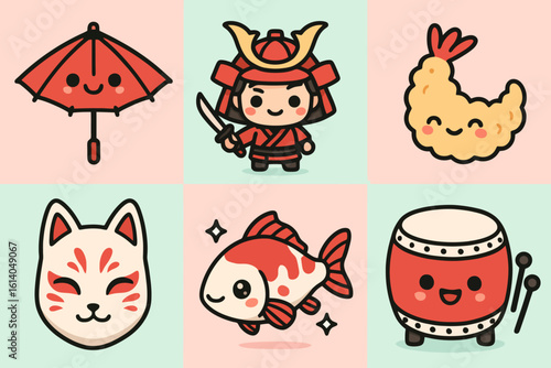 Kawaii Japanese cartoon icons of ramen, lucky cat, sushi, ninja, onigiri, and dragon on a vibrant pastel background. Perfect for anime-style stock and stickers.