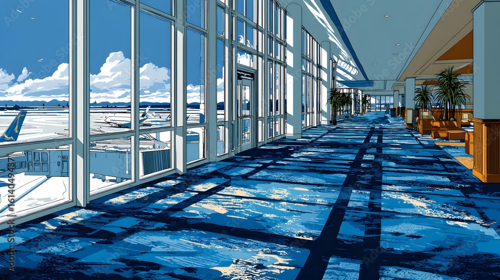 Obraz premium Airport concourse hallway with a view of the airfield.