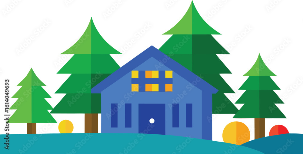 Fototapeta premium Charming blue house surrounded by evergreen trees and easter eggs