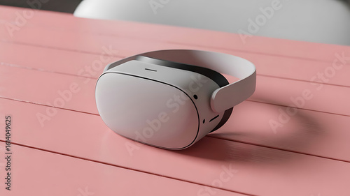 Sleek VR Headset on Pink Wooden Surface for Immersive Gaming and Virtual Reality Experiences