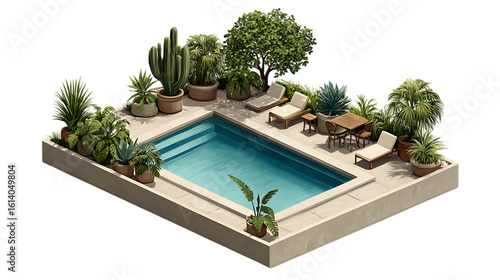 Isometric swimming pool oasis with lush greenery isolated on transparent background