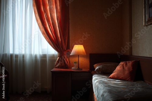 Charming Hotel Room with Elegant Curtains, Cozy Bed, and Soft Lighting for a Relaxing Stay