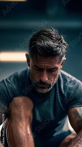 Mature athlete tying shoelaces in gym after intense workout. Slow motion. 4K. 
