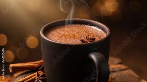 A steaming mug of spiced hot chocolate with star anise on a cozy blurred background setting scene