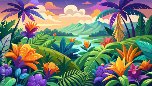 Lush tropical plants showcasing vivid purple and orange flowers in a natural landscape