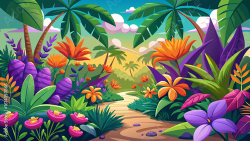 Lush tropical plants showcasing vivid purple and orange flowers in a natural landscape