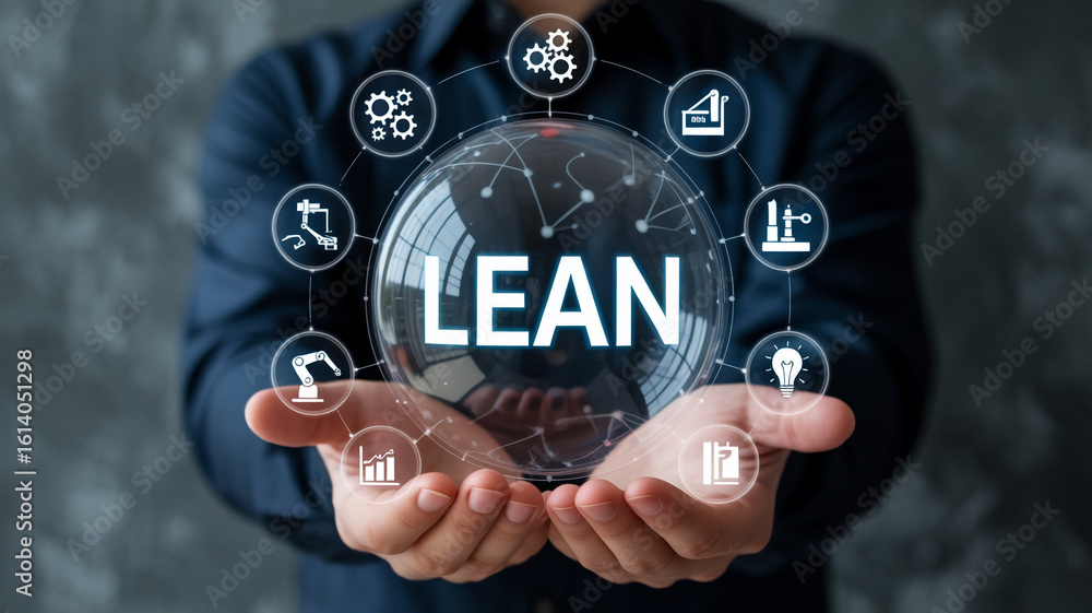 Fototapeta premium Lean Manufacturing Principles A Man Holding a Sphere with Lean Text and Manufacturing Icons for Process Optimization