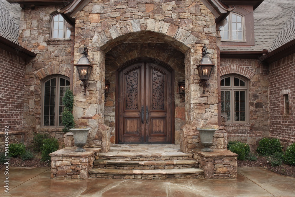 Fototapeta premium Elegant Arched Portal: Upscale Stone Entrance to a Contemporary Dream Home